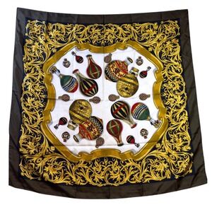 Vintage Italian Silk Scarf Hot Air Balloon Baroque Border Brown Black Gold